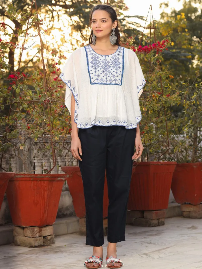 Women White Viscose Dobby Embroidered Tunic