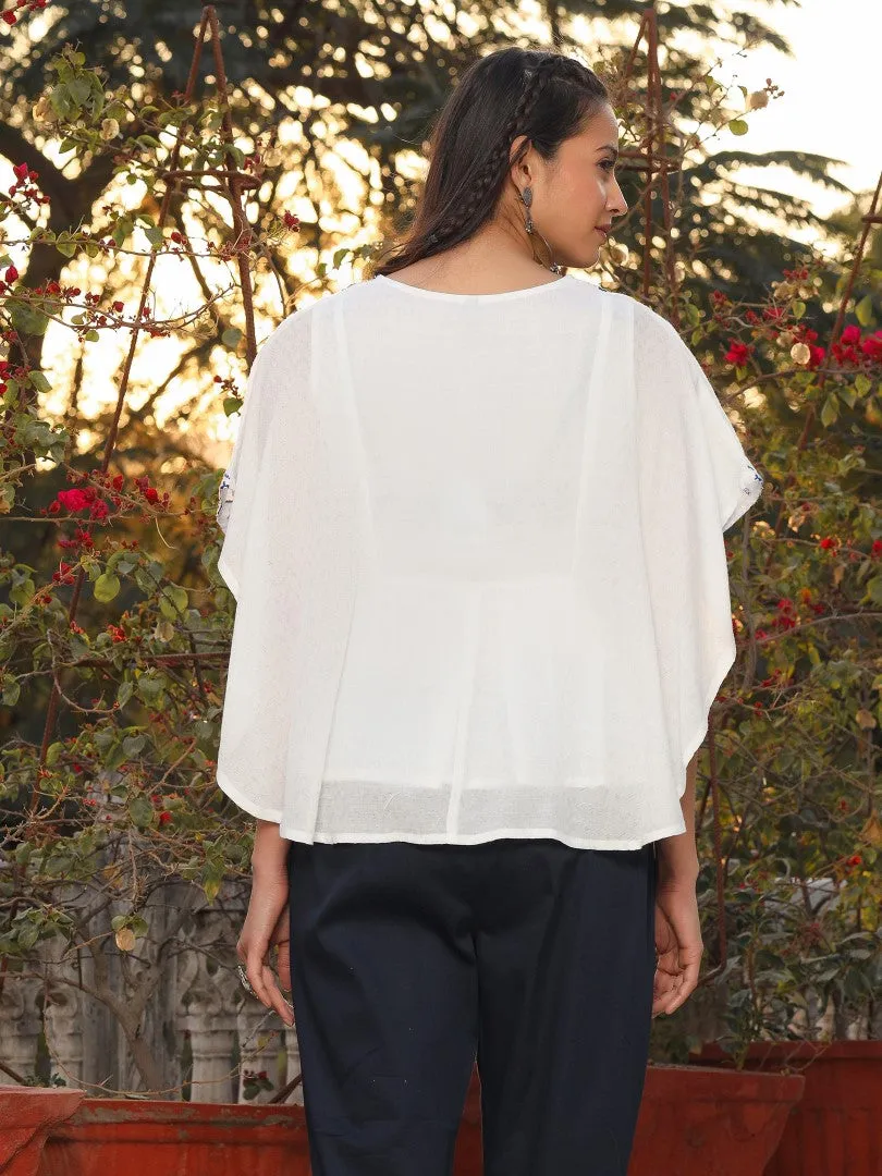 Women White Viscose Dobby Embroidered Tunic